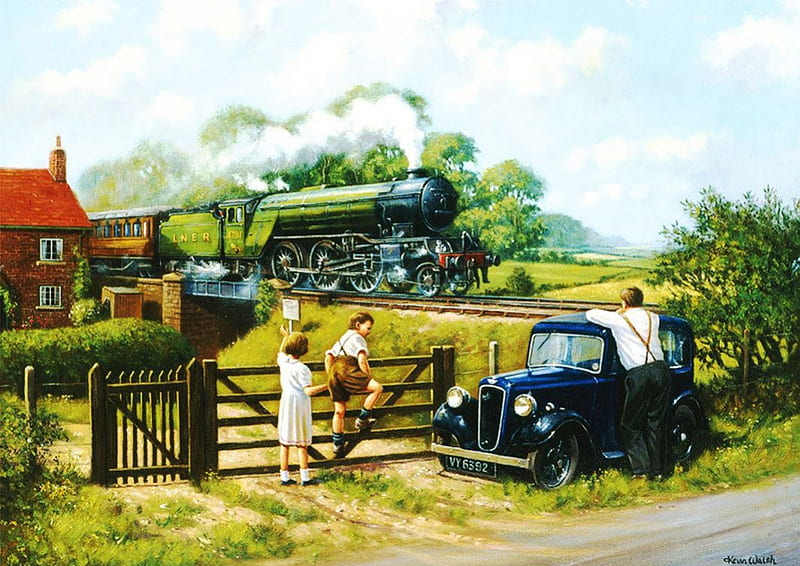 Vintage Train, fence, cottage, car, painting, children, HD wallpaper