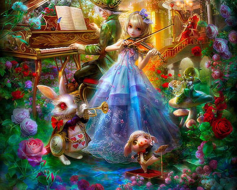 Alice symphony, white rabbit, bunny, pisici, blue, red, dress, rose, mushroom, instrument, fantasy, symphony, green, pink, art, pig, violin, madhatter, alice, luminos, wonderland, cat, piano, flower, piglet, HD wallpaper