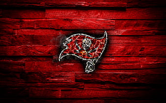 Tampa Bay Buccaneers scorched logo, NFL, red wooden background, american baseball team, National Football Conference, grunge, baseball, Tampa Bay Buccaneers logo, fire texture, USA, NFC, HD wallpaper