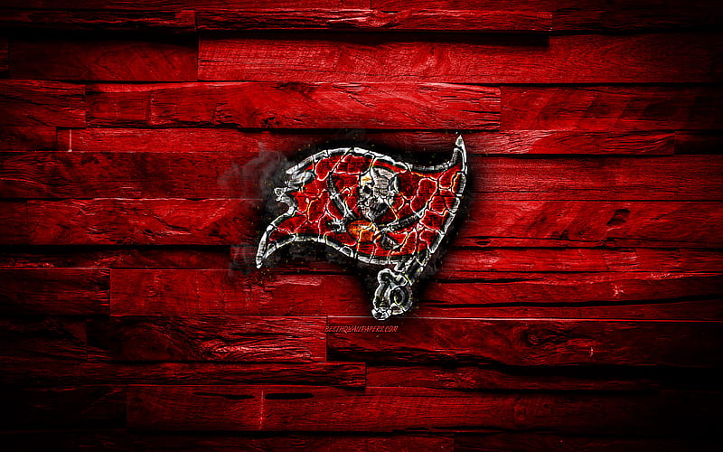 Tampa Bay Buccaneers scorched logo, NFL, red wooden background, american baseball team, National Football Conference, grunge, baseball, Tampa Bay Buccaneers logo, fire texture, USA, NFC, HD wallpaper