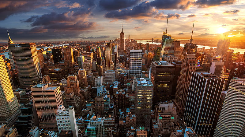 new york, manhattan, usa, skyscrapers, sunset, clouds, City, HD wallpaper
