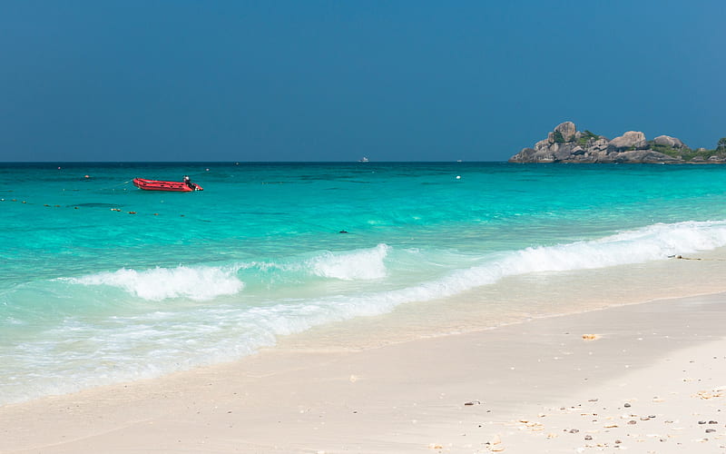 beach, summer, waves, sea, coast, blue lagoon, lifeboat, white sand, seashells, HD wallpaper