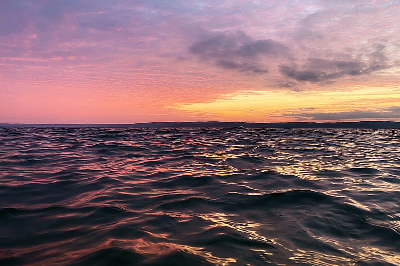waves, water, horizon, sunset, HD wallpaper