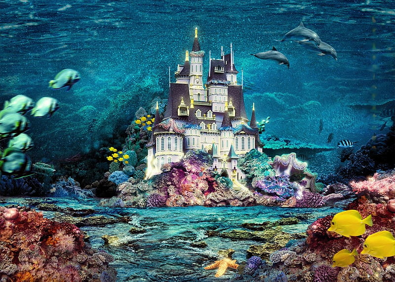Underwater World, starfish, corals, fish, dolphins, painting, castle, HD wallpaper