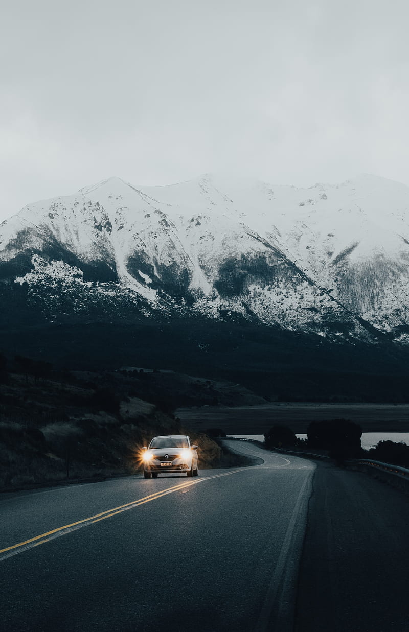 road, car, mountain, snowy, nature, HD phone wallpaper