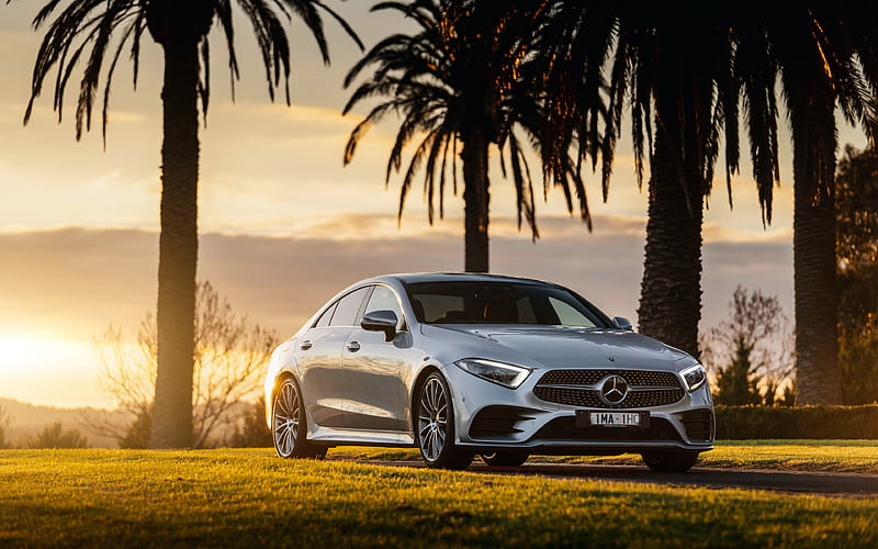 Mercedes-Benz CLS AMG, 2018 sports sedan, new silver CLS, front view, sunset, 4MATIC, AMG-Line, Mercedes, HD wallpaper