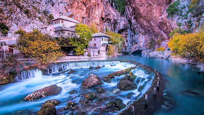 Blagaj Tekija Monastery On The River Buna Mostar, Bosnia And Herzegovina, rocks, mountain, house, trees, twilight, HD wallpaper