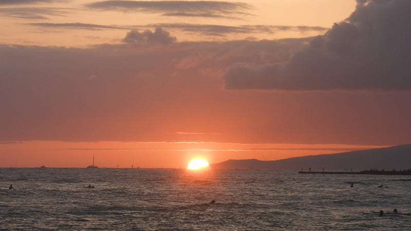 Sunset from Waikiki Beach, beach, Waikiki, Hawaii, Oahu, Sunset, HD wallpaper
