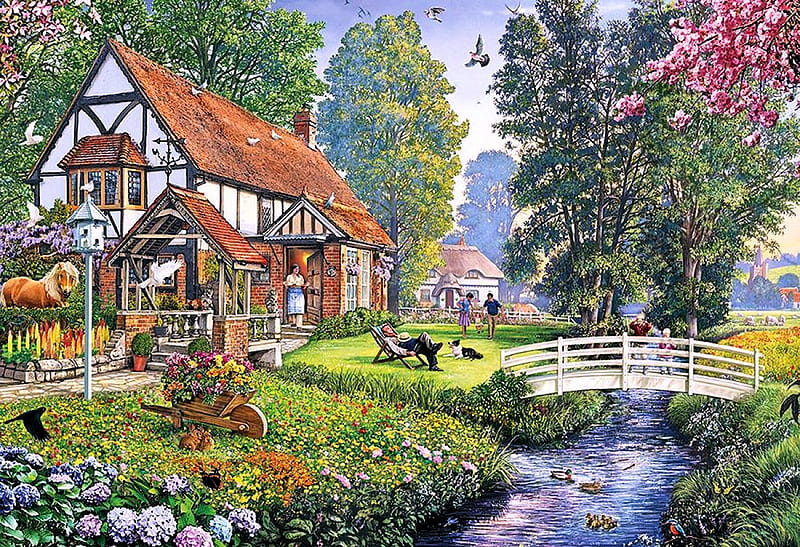 Deckchair Dreaming, trees, artwork, cottage, birds, ducks, horse, bridge, people, flowers, village, painting, river, dog, HD wallpaper