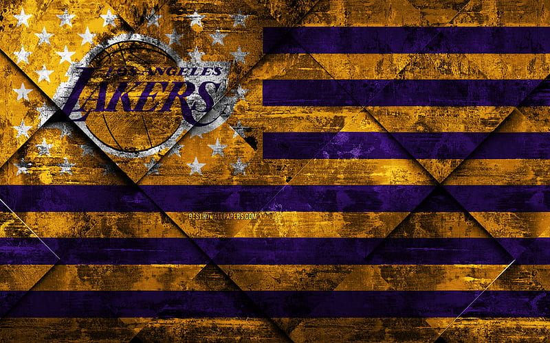 Los Angeles Lakers American basketball club, grunge art, rhombus grunge texture, American flag, NBA, Los Angeles, California, USA, National Basketball Association, USA flag, basketball, HD wallpaper