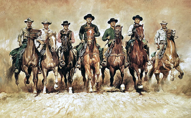 Magnificent Seven F, art, riders, equine, bonito, horse, artwork, animal, painting, celebrities, wide screen, horseback, actors, HD wallpaper
