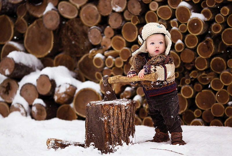 Little lumberjack, lumberjack, boy, snow, ax, stump, winter, HD wallpaper