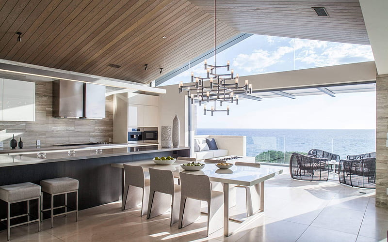 kitchen living room, modern design, villa, country house, modern interior, HD wallpaper