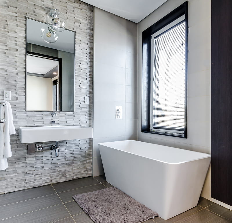 white ceramic bathtub near white framed window, HD wallpaper