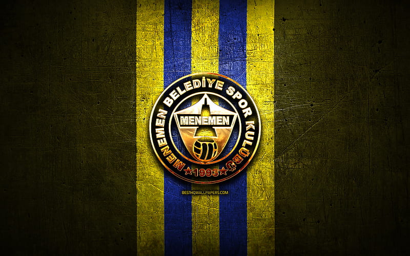 Menemenspor FC, golden logo, 1 Lig, yellow metal background, football, Menemenspor, turkish football club, Menemenspor logo, soccer, Turkey, Menemen Belediyespor, HD wallpaper