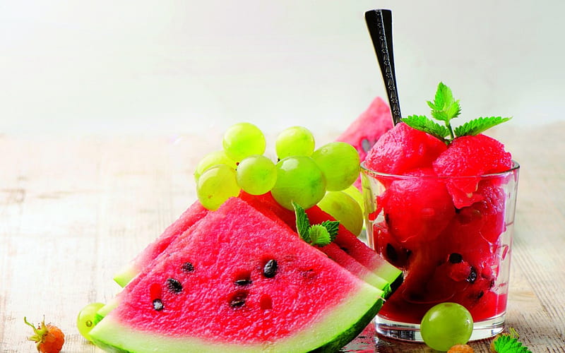Watermelon and grapes, red, spoon, food, sweet, dessert, fruit, grapes, glass, green, watermelon, summer, white, pink, HD wallpaper