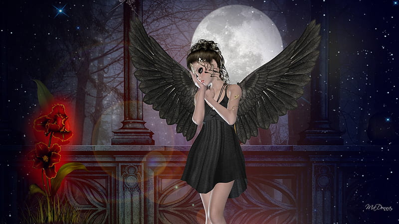 Dark Fairy, goth, moon, glow, gothic, flowers, firefox persona, fairy, night, HD wallpaper