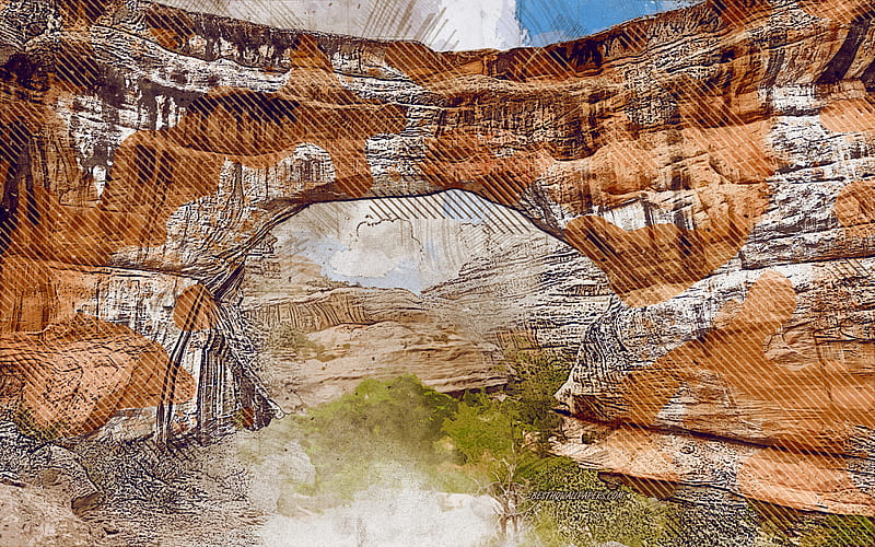 Sipapu Bridge, Utah, USA, natural bridge, grunge art, creative art, painted Sipapu Bridge, drawing, Sipapu Bridge grunge, digital art, Natural Bridges National Monument, HD wallpaper