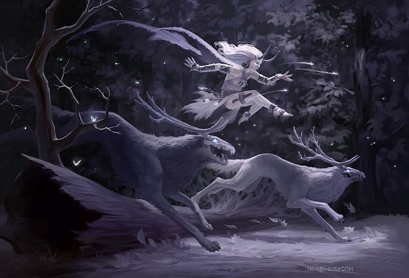 Run!, hunter, girl, creature, forest, demon, running, horns, art, fantasy, irina nordsol kuzmina, HD wallpaper