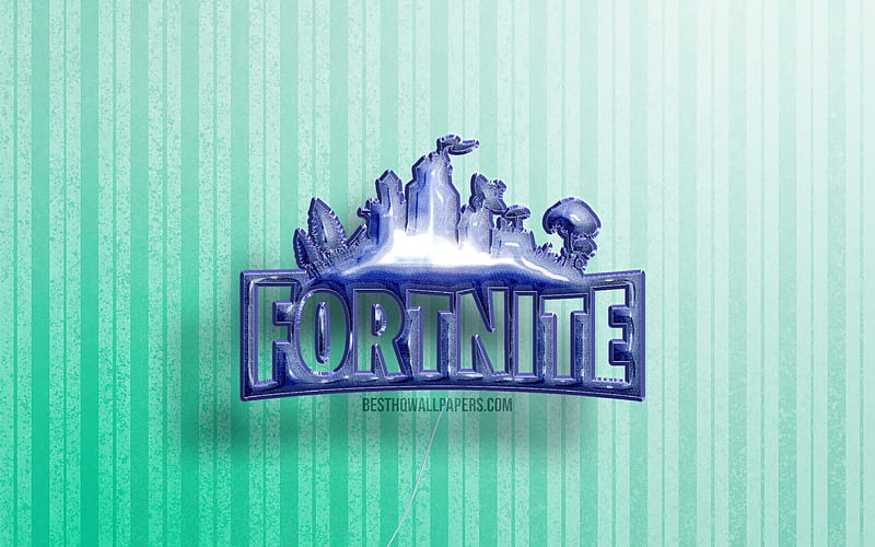 Fortnite 3D logo, blue realistic balloons, games brands, Fortnite logo, Fortnite Battle Royale, blue wooden backgrounds, Fortnite, HD wallpaper