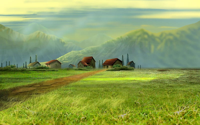 Farm, art, green, painting, nature, hill, field, valley, HD wallpaper