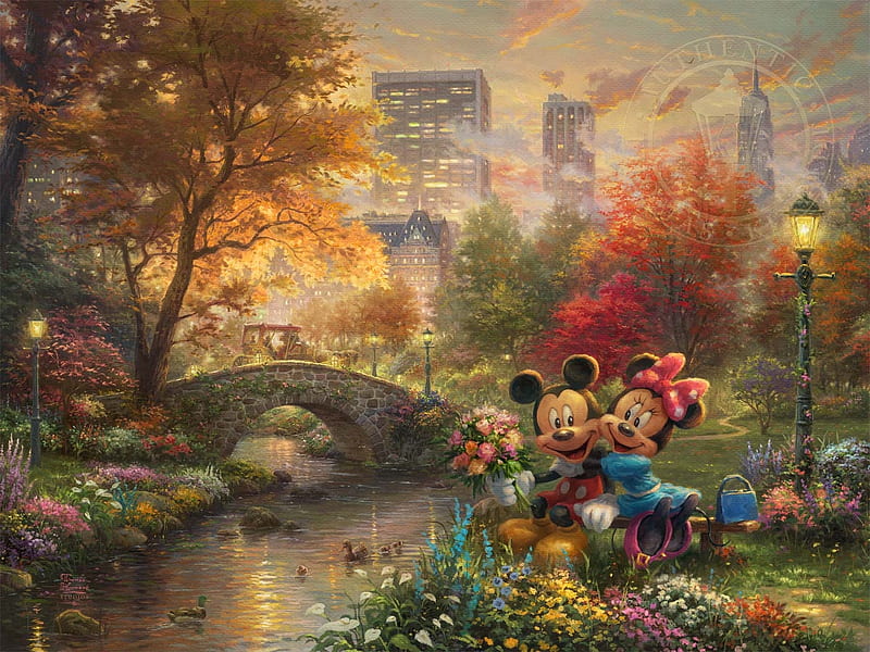 Mickey and Minnie Autumn evening in Central Park, toamna, mickey mouse, minnie, couple, thomas kinkade, art, autumn, central park, painting, sweethearts, pictura, disney, HD wallpaper