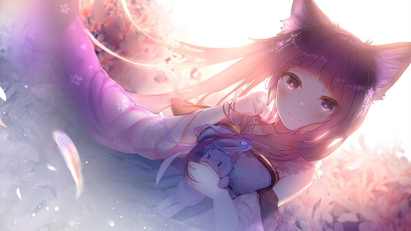 Divine Purity, Neko, Cat Ears, Brown Eyes, Anime, Animal, bonito, Happy, Smile, Sweet, Dusk, Long Hair, Girl, Pure, Stuff Toy, Dress, Lovely, Leaves, Amazing, Feathers, Brown Hair, Thread, Cute, Cat, Evening, Animal Ears, HD wallpaper