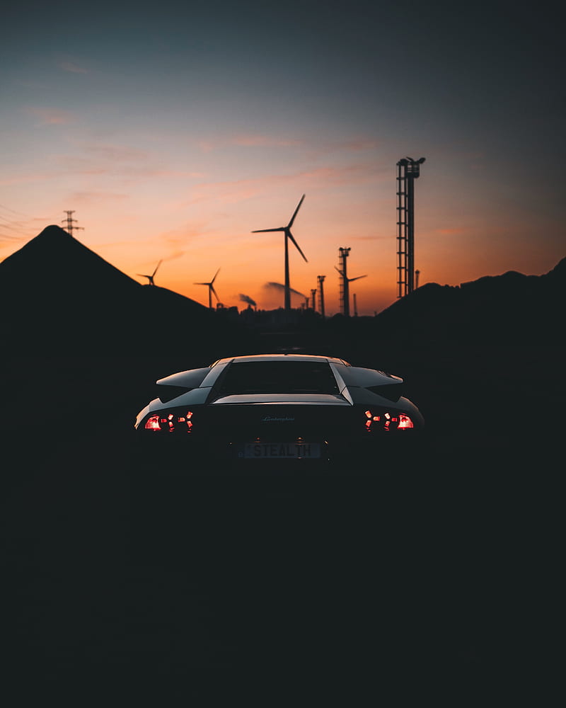 car, sportscar, dark, rear view, dusk, HD phone wallpaper