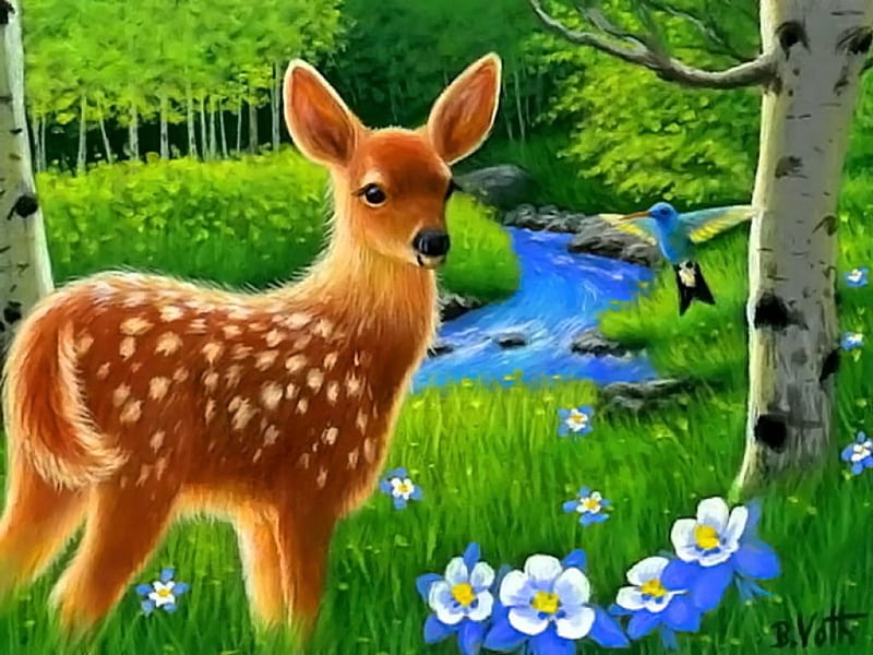 Forest paradise, stream, bonito, deer, painting, flowers, river, art, forest, greenery, birds, creek, trees, cute, serenity, paradise, summer, nature, roe, meadow, HD wallpaper