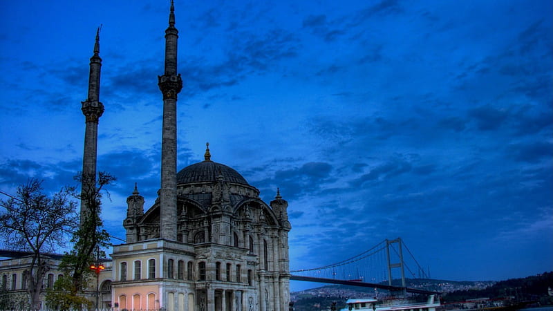 beautiful mosque under bridge in istanbul r, minarets, mosque, bridge, monarets, r, evening, HD wallpaper
