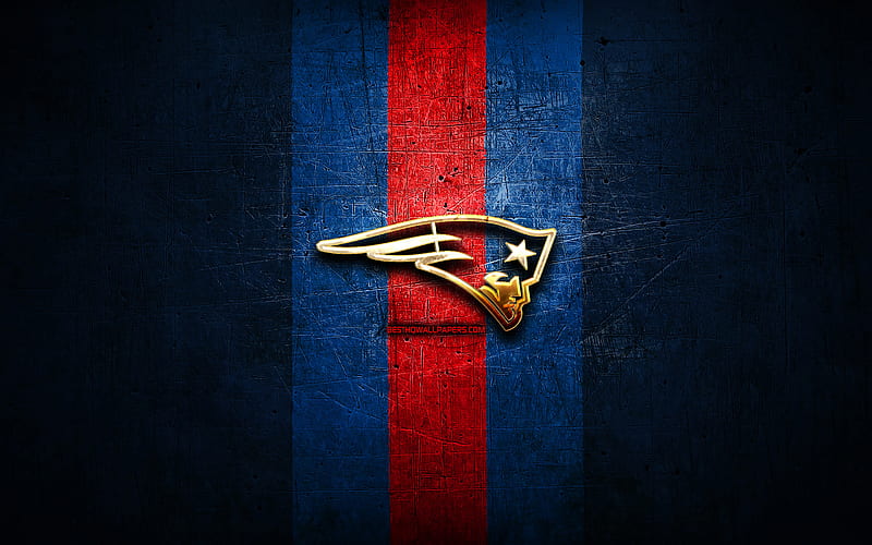 New England Patriots, golden logo, NFL, blue metal background, american football club, New England Patriots logo, american football, USA, HD wallpaper
