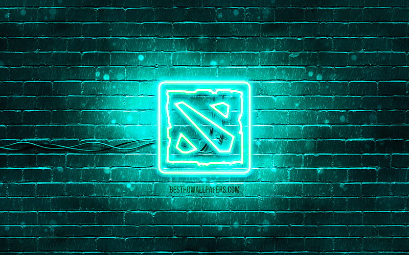 Dota 2 turquoise logo turquoise brickwall, Dota 2 logo, artwork, Dota 2 neon logo, Dota 2, HD wallpaper