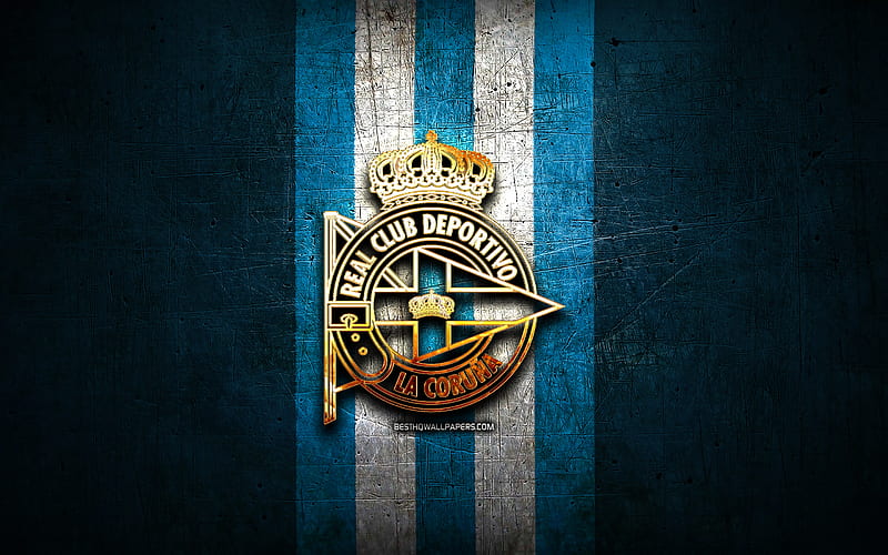 Deportivo La Coruna FC, golden logo, La Liga 2, blue metal background, football, RC Deportivo La Coruna, spanish football club, Deportivo La Coruna logo, soccer, LaLiga 2, Spain, HD wallpaper