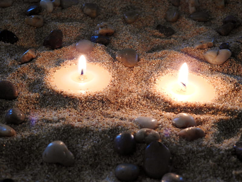 Candles In The Sand, Sand, Pebbles, Abstract, graphy, Candles, Flames, HD wallpaper