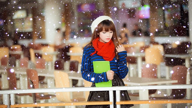 *Holidays*, snow, snow woman, cafeteria, women, hat, HD wallpaper