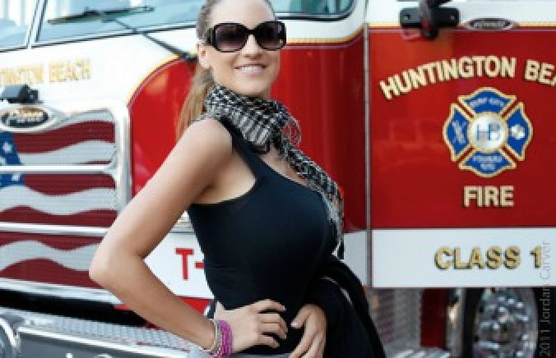 Jordan Carver, babe, model, fire truck, outdoors, HD wallpaper
