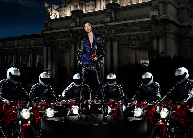 Ready? Start!, red, campari, model, black, woman, motorcycle, add, girl, dark, commercial, HD wallpaper