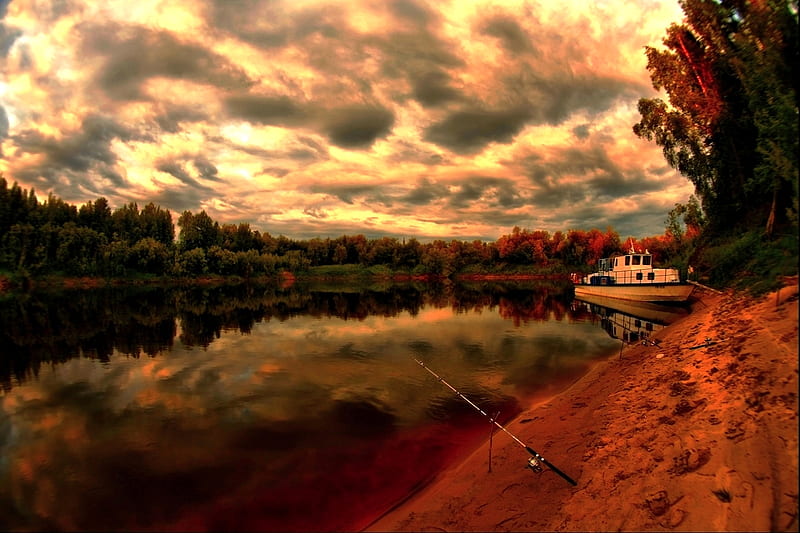 NATURE's SILENCE, autumn, boat, fishing rod, reflections, clouds, lake, HD wallpaper