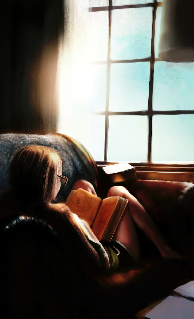 Areum K, women, drawing, by the window, brunette, reading, women with glasses, legs, digital art, lying on couch, books, sitting, couch, glasses, artwork, window, digital painting, vertical, portrait display, ArtStation, HD phone wallpaper