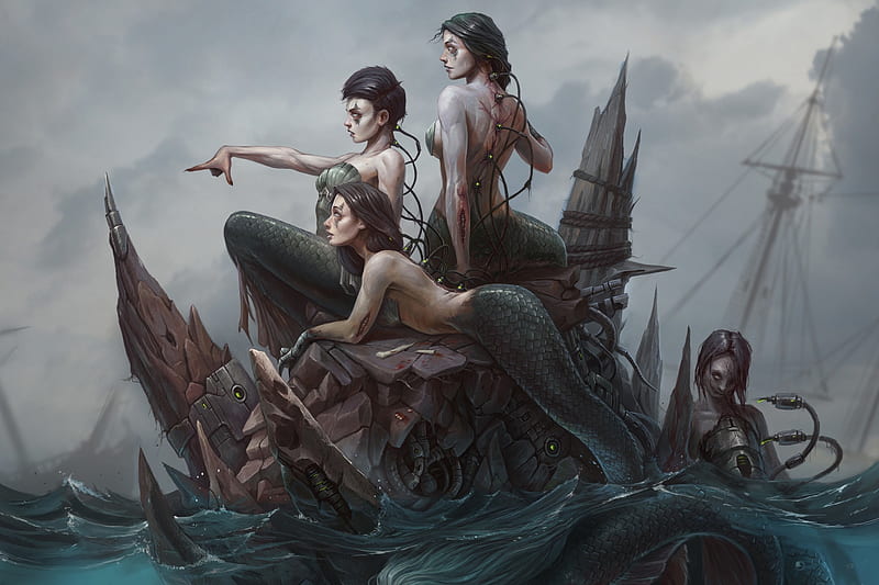Beneath the waves, tony sart, art, fantasy, girl, luminos, dark, mermaid, HD wallpaper