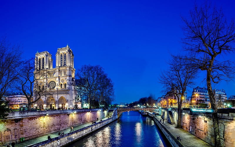 Lights of Notre Dame de Paris, Cityscapes, Sky, Architecture, Twilight, Lights, Reflections, Nature, HD wallpaper
