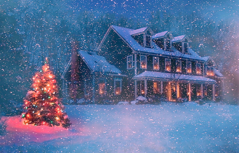 Christmas House in Winter Snowstorm, Christmas, Holidays, Blizzards, Nature, Trees, Storms, Houses, Snow, Lights, HD wallpaper