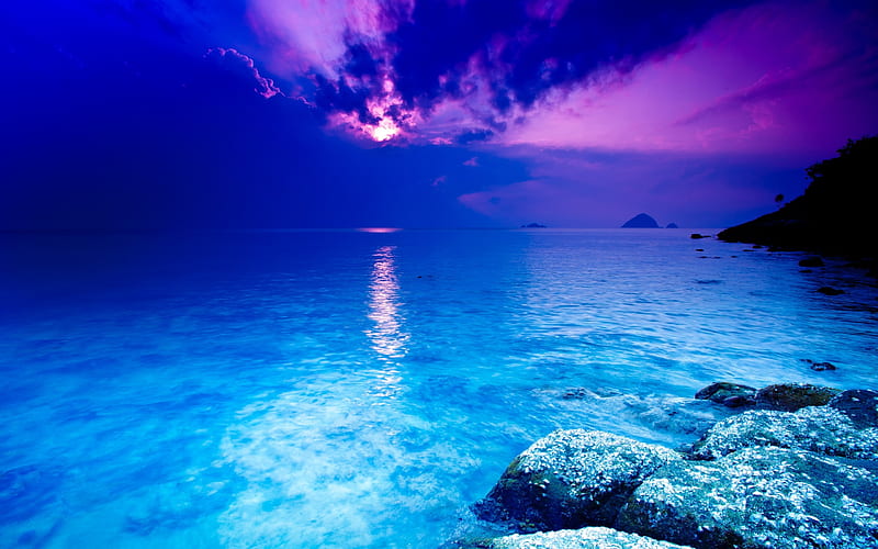 crystal sea, rocks, wet, horizon, ocean, sky, clouds, graphy, water, beauty, nature, pink, blue, HD wallpaper