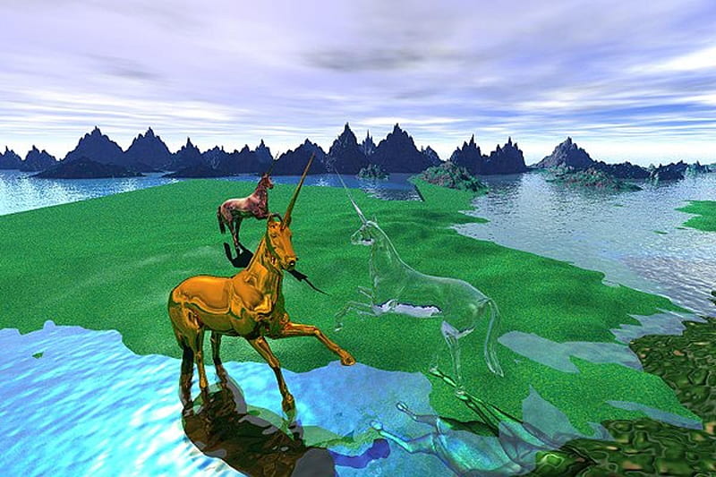 Unicorn Isle, water, island, unicorns, horse, other, HD wallpaper