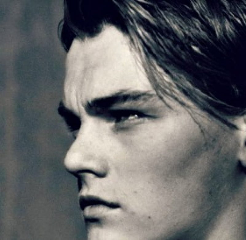 Leonardo DiCaprio, young, profile, black, man, white, actor, blue, HD wallpaper