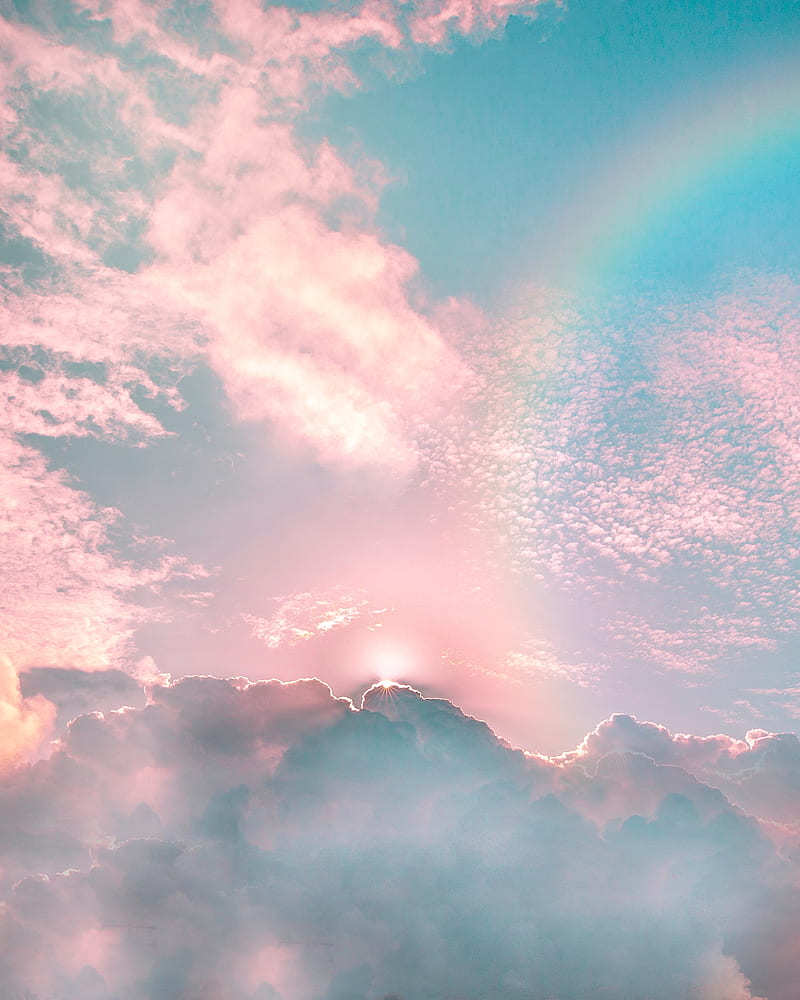 clouds, porous, rainbow, sky, shine, rays, HD phone wallpaper