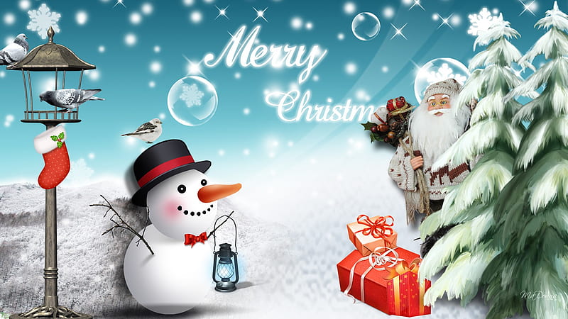 Snowman Christmas, feliz navidad, christmas, birds, firefox persona, snowman, xmas, santa claus, cute, stocking, bird feeder, tree, whimsical, snow, snowflakes, santa clause, gifts, HD wallpaper