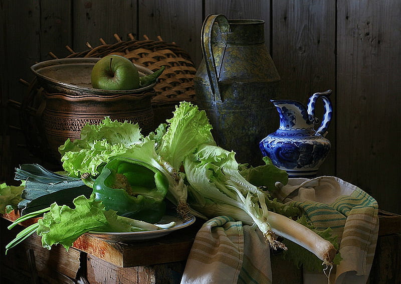 Still Life, apple, Lettuce, bonito, jar, HD wallpaper