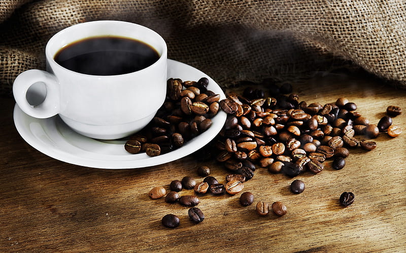 black coffee, white cup, coffee beans, bag, coffee, HD wallpaper