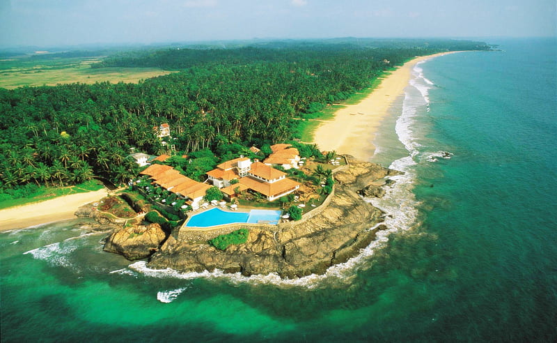 ASIAN RESORT, forest, hotel, sand, ocean, Sri Lanka, island, palms, HD wallpaper